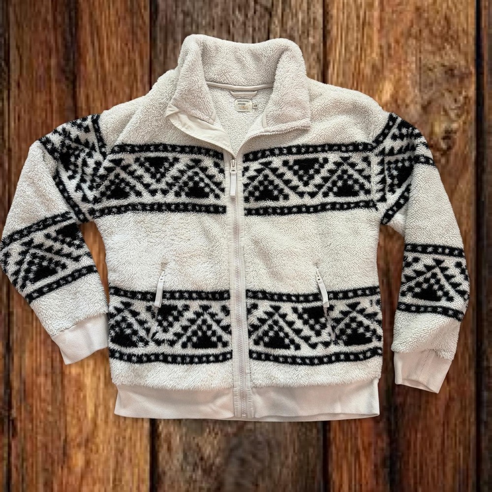 Faherty Womens Medium Cream Black Fair Isle Sherpa Fleece Full Zip Jacket